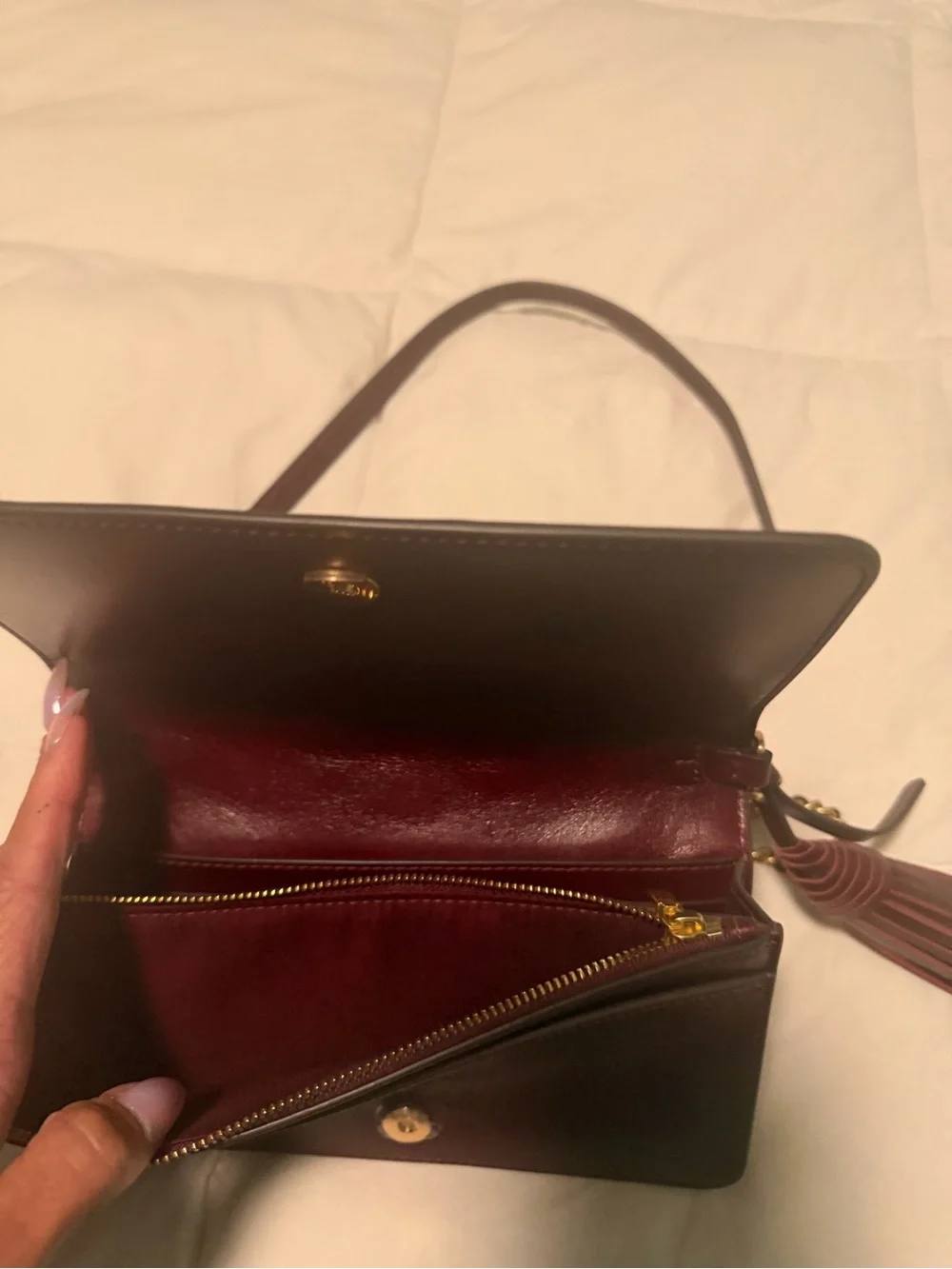 Tory Burch Quilted Leather Crossbody in Burgundy with Gold Chain